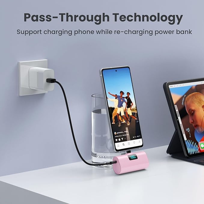 Mini Portable Charger USB C Power Bank,Upgraded 5500mAh PD Fast Charging Battery Pack Built-in USB-C Connector Travel Essential for iPhone17/17Pro/17Pro Max/Air/16 Plus/16Pro Max/15 Series -Pink