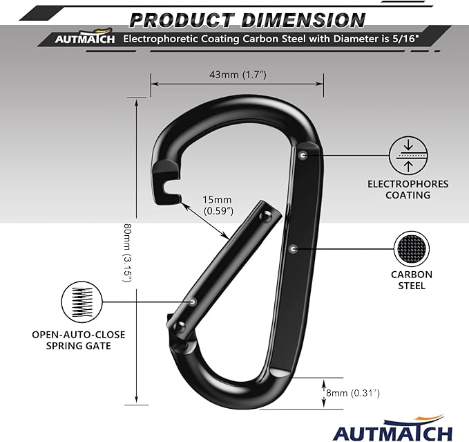 AUTMATCH Carabiner Clips, 3" Spring Snap Hook Caribeener Clips Buckle Heavy Duty Locking Carabiners Chain Quick Links, 4 Pack
