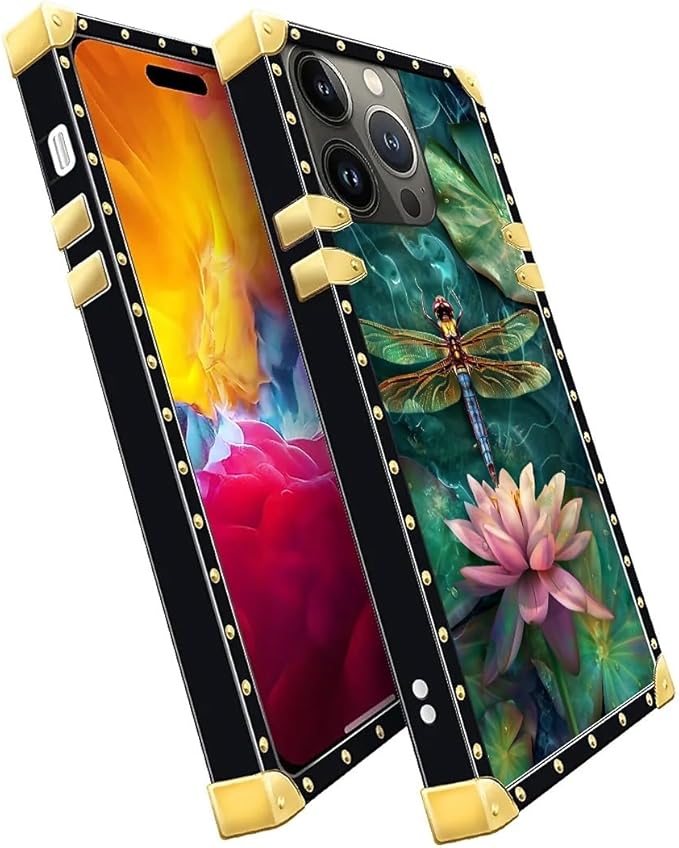 Compatible with iPhone 15 Pro Max Case, Colourful Dragonfly Pink Lily Pads Luxury Golden Decoration for Girl Women Soft TPU Shockproof Protective Hard PC Back for iPhone 15 Pro Max