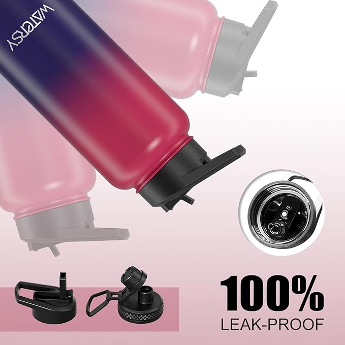 32oz Insulated Water Bottle (Cold for 48 Hrs),BPA Free&Leak Proof,Stainless Steel Water Flask,Water Jug with Straw Spout Lids for Gym,Hiking,Travel,Red Purple