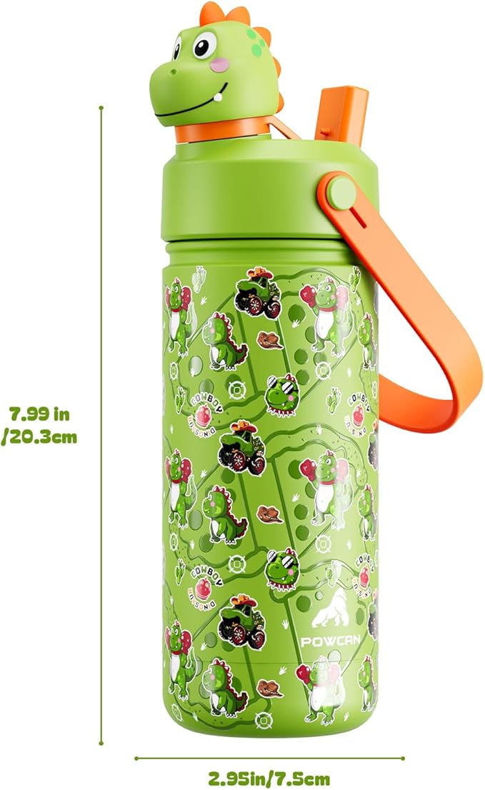 POWCAN 18 oz Kids Stainless Steel Water Bottle: 2-in-1 Straw Spout Lid with Soft Animal Head, Leakproof, Car Cupholder Friendly, Keep Cold 24H, Insulated Bottle for School, Sports, Camp (Cowboy Rex)