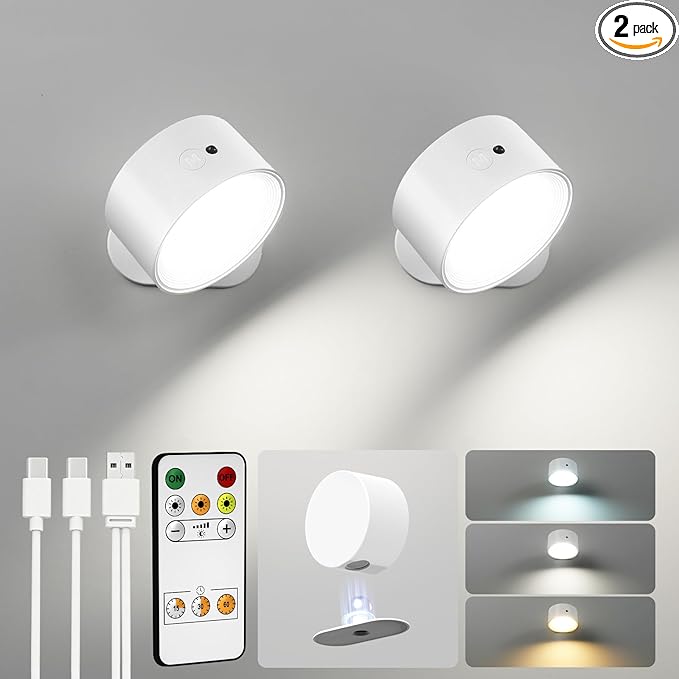 LED Wall Mounted Lights, Rechargeable Wall Sconces Lamp, 3 Color Temps & Remote and Touch, 360° Rotation Dimmable Cordless Wall Light for Study Bedroom Reading Bedside(White, 2 Pack)
