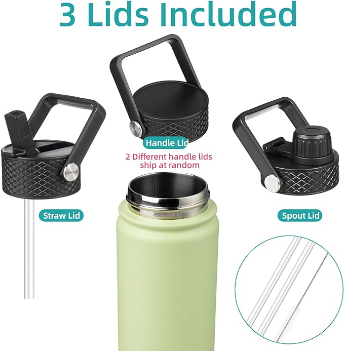 Konokyo 18 oz Insulated Water Bottle Stainless Steel Sport Bottles with 3 Lids,Macaron Green
