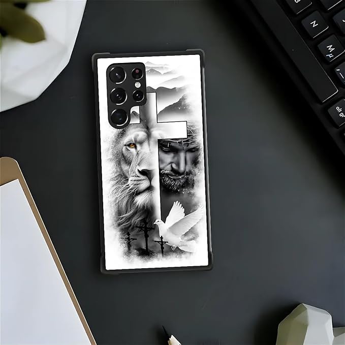 for Samsung Galaxy S23 Ultra Case, Lion Cross Jesus Christ Dove Pattern Graphic Design Girl Boy Soft Silicone Hard Acrylic Shock Protection for Samsung Galaxy S23 Ultra