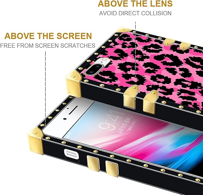 Compatible with iPhone 8 7 SE Case, Pink Black Leopard Luxury Golden Decoration for Girl Women Soft TPU Shockproof Protective Hard PC Back for iPhone 8 7 SE