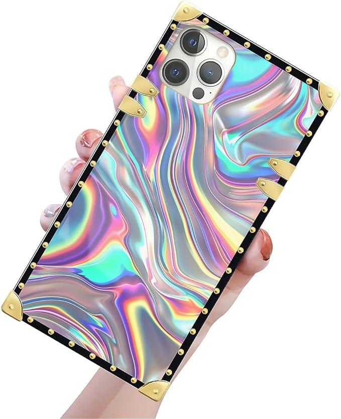 Compatible with iPhone 12 Case, Holographic Abstract Iridescent Textures Luxury Golden Decoration for Girl Women Soft TPU Shockproof Protective Hard PC Back for iPhone 12 Pro