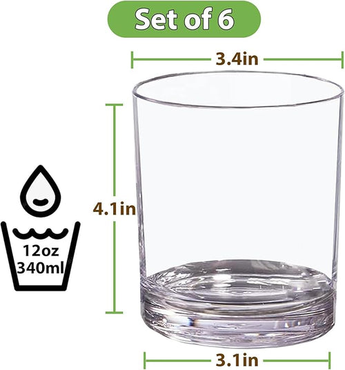12 oz Drinking Glass Sets, Set of 6 Plastic Cups Unbreakable Drinkware Glasses Set Tumblers & Water Glasses Acrylic Clear Drinking Glasses, BPA-Free Beer Glasses for Home & Outdoors, Dishwasher Safe