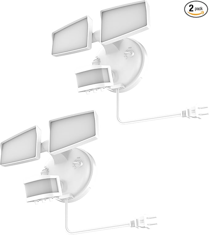 HALO Next Gen AC Plug & Cord LED Security Floodlight, Twin Head w/Motion Sensing, Dusk to Dawn, 2-Pack, CCT & Lumen Select - White
