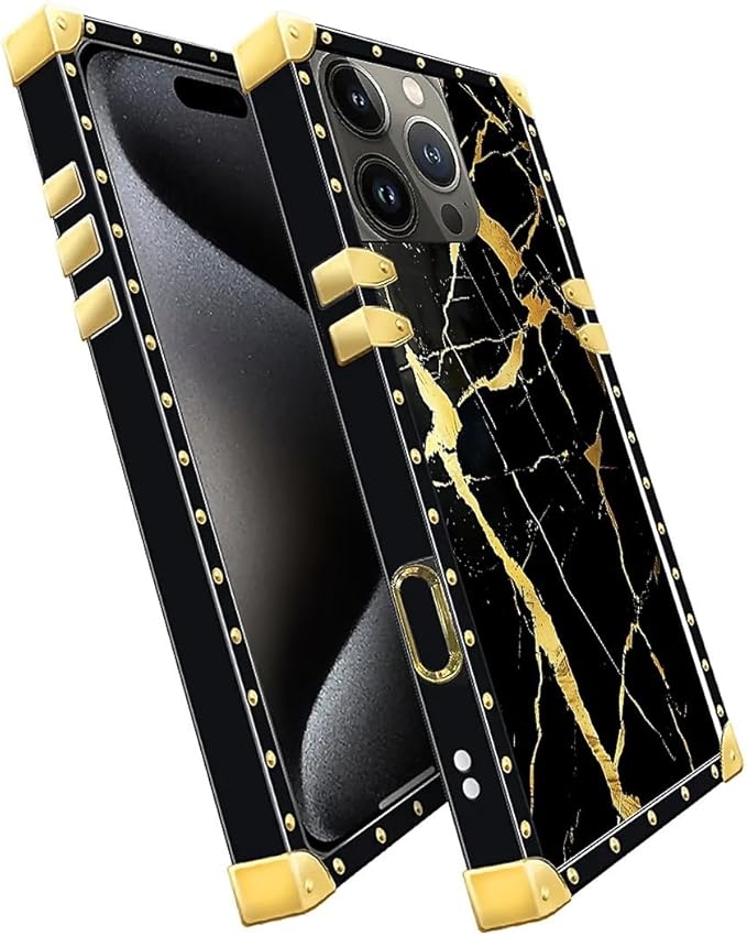 Compatible with iPhone 16 Pro Case, Black Gold Marble Nature Luxury Golden Decoration for Girl Women Soft TPU Shockproof Protective Hard PC Back