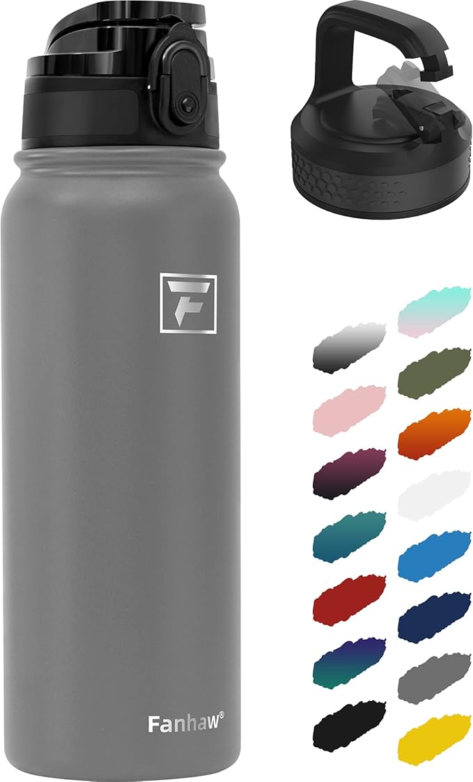 Fanhaw 20 oz Insulated Stainless Steel Water Bottle with Anti-Dust Chug Lid & Carabiner Lid, Leakproof Vacuum Metal Bottle for Kids, Women & Men (Gray)
