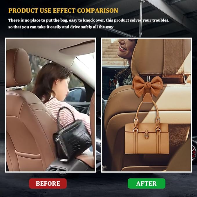 2PCS Car Hooks for Purses and Bags, Cute Bow Car Seat Headrest Hook, Car Accessories Multipurpose Back Seat Hanger Storage Organize Universal for Vehicles (2PCS-Brown Bowknot)
