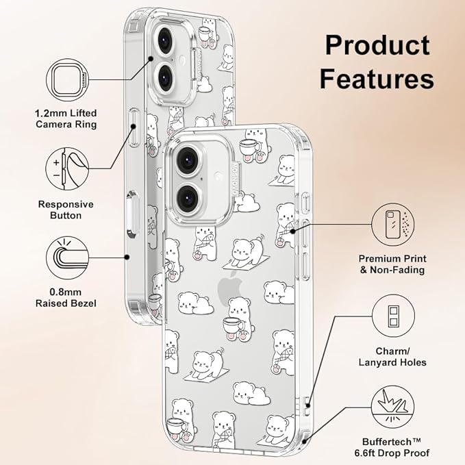 MOSNOVO for iPhone 16 Plus Case, Shockproof Military-Grade Protection 6.6ft Drop Tested, Clear Phone Case for iPhone 16 Plus, Cozy Bear Days Design