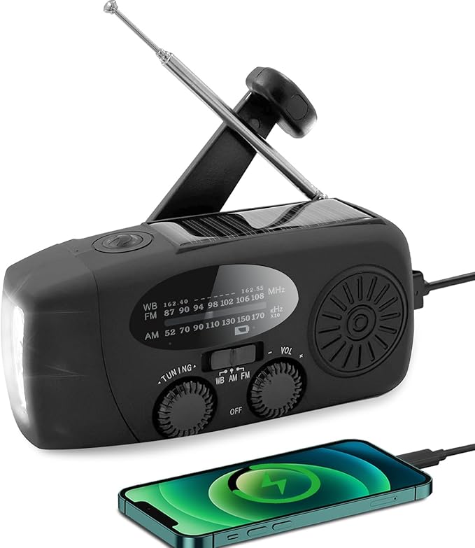 Emergency Hand Crank Weather Radio, AM/FM NOAA Portable Solar Radio with 2000mAh Battery Phone Charger, SOS Alarm & Survival Flashlight for Indoor/Outdoor, Emergency, Hurricane (Black)