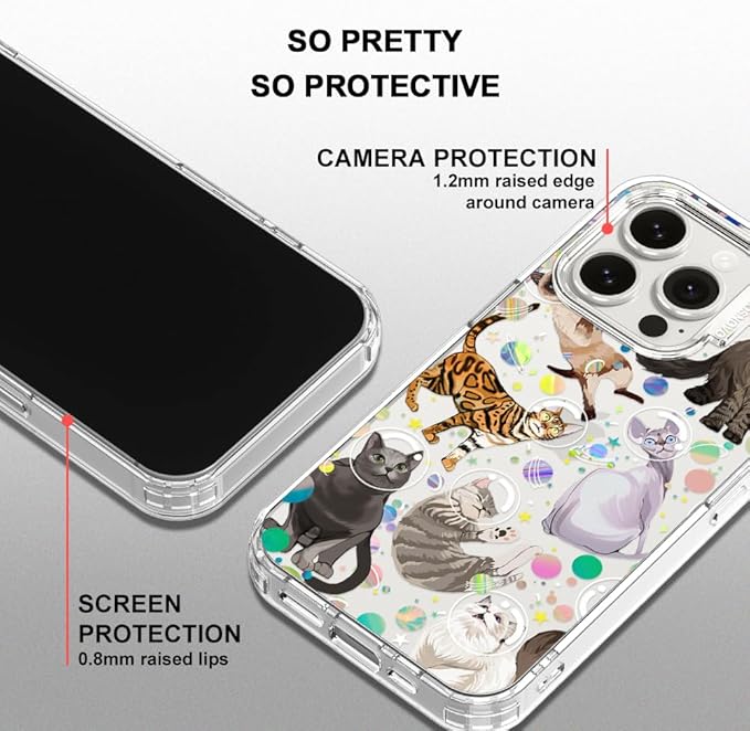 MOSNOVO Case for iPhone 15 Pro, [Buffertech 6.6ft Military-Grade Drop Protection] [Anti Peel Off Tech] Clear TPU Bumper Phone Case Cover Design - Space Cat