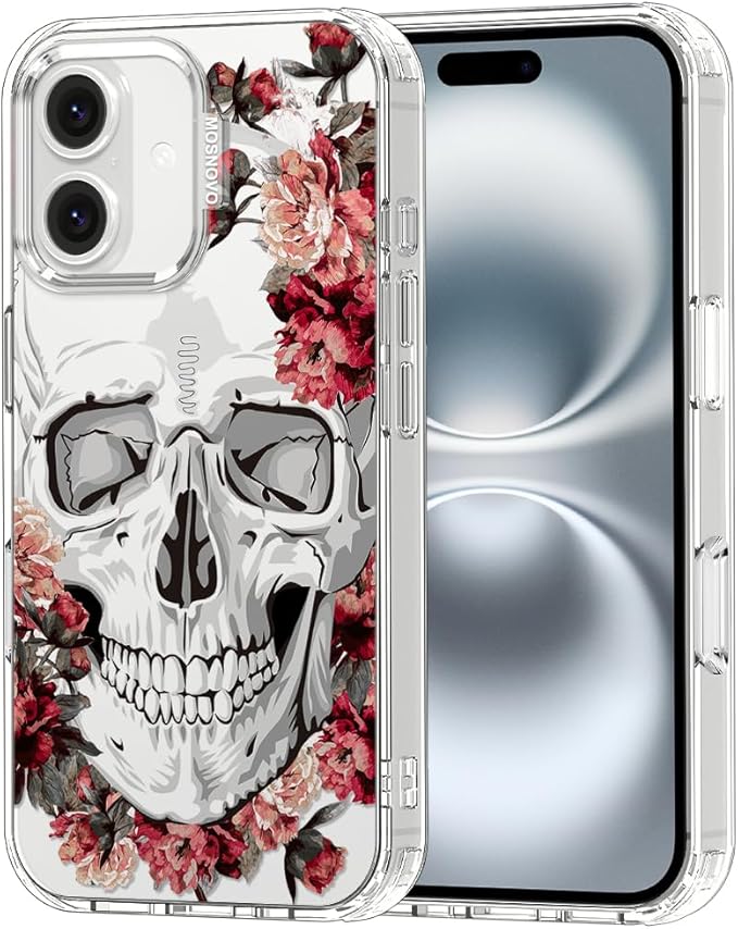 MOSNOVO Case for iPhone 16 Plus, [Buffertech 6.6ft Military-Grade Drop Protection] [Anti Peel Off Tech] Clear TPU Bumper Phone Case Cover Design - Red Flower Skull