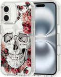 MOSNOVO Case for iPhone 16, [Buffertech 6.6ft Military-Grade Drop Protection] [Anti Peel Off Tech] Clear TPU Bumper Phone Case Cover Design - Red Flower Skull