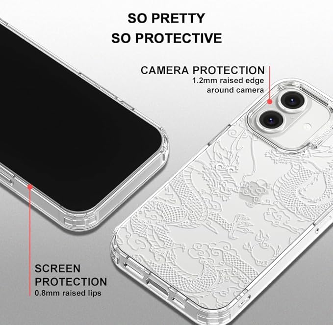 MOSNOVO Case for iPhone 16, [Buffertech 6.6ft Military-Grade Drop Protection] [Anti Peel Off Tech] Clear TPU Bumper Phone Case Cover Design - White Dragon