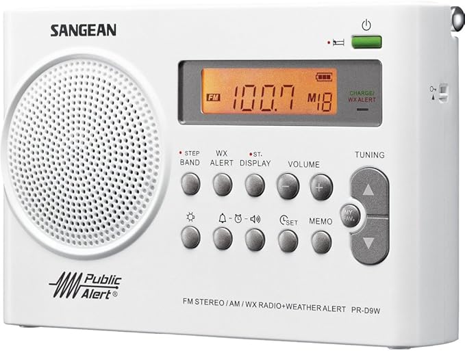 Sangean PR-D9W Portable AM/FM/NOAA Alert Radio with Built-in Battery Charger, White