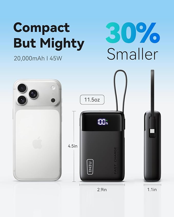 INIU 20000mAh Power Bank, Small Portable Charger, 45W PD Fast Charging Battery Pack with Build in USB-C Cable, Travel Phone Charger for iPhone 17 16 15 14 Air Samsung S25 S24 Google iPad Xiaomi, Black