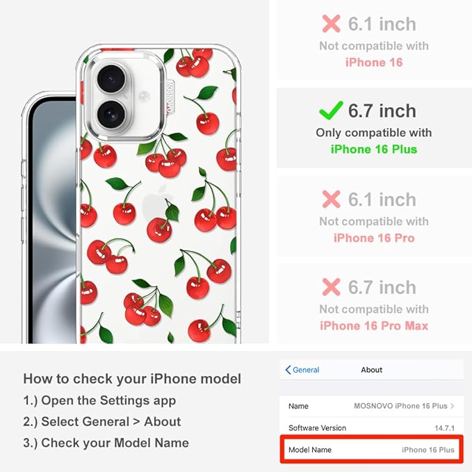 MOSNOVO Case for iPhone 16, [Buffertech 6.6ft Military-Grade Drop Protection] [Anti Peel Off Tech] Clear TPU Bumper Phone Case Cover Design - Cute Cherry