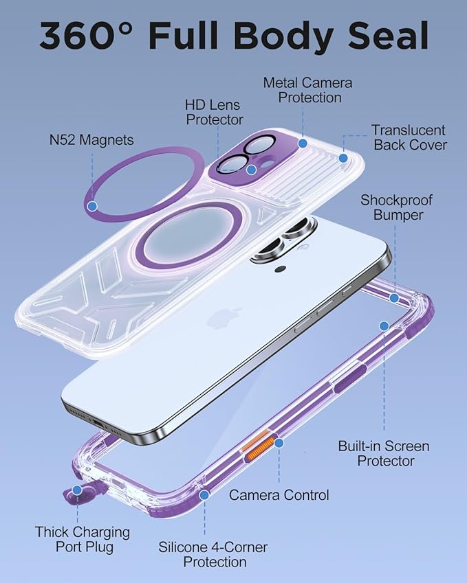 for iPhone 16 Waterproof Case with Magsafe, Built-in [Camera & Screen Protector] [Lanyard], IP68 Water Proof Full Body Dustproof Heavy Duty Frosted Protective Phone Cover, 6.1" Purple