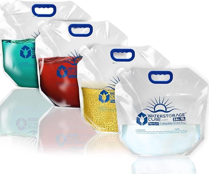 WaterStorageCube Premium Collapsible Water Container Bag, BPA Free Food Grade Clear Plastic Storage Jug for Camping Hiking Backpack Emergency, No-Leak Freezable Foldable Water Bottle 1.3/2.6 Gallon