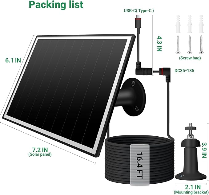 2 Pack Solar Panel for Ring Camera, 6W Solar Charger with USB-C & Barrel Plug for Ring Stick Up Cam Plus/Pro & Spotlight Cam Battery Series, Waterproof, 16ft Cable (Black)