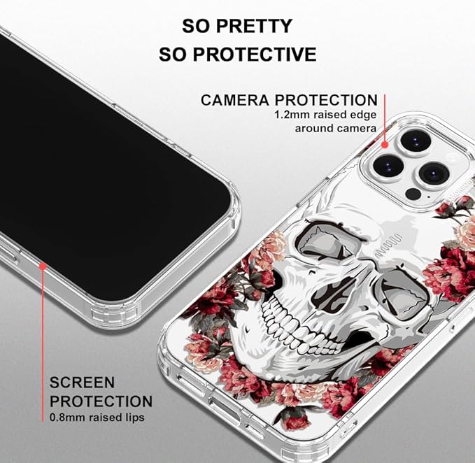 MOSNOVO Case for iPhone 13 Pro Max, [Buffertech 6.6ft Military-Grade Drop Protection] [Anti Peel Off Tech] Clear TPU Bumper Phone Case Cover Design - Red Flower Skull