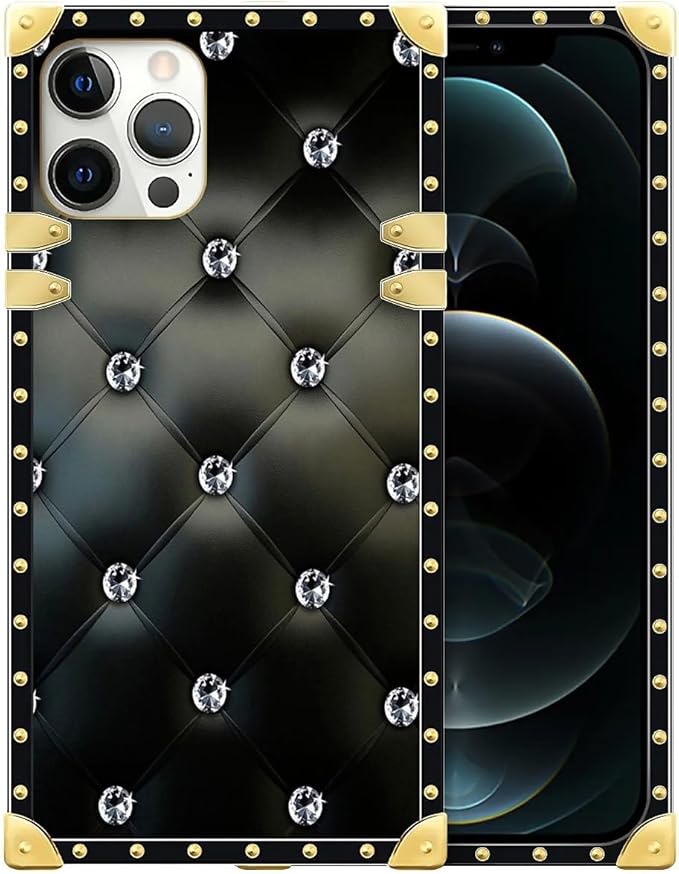 Compatible with iPhone 12/12 Pro Case, Shiny Black Sofa Crystal Luxury Golden Decoration for Girl Women Soft TPU Shockproof Protective Hard PC Back