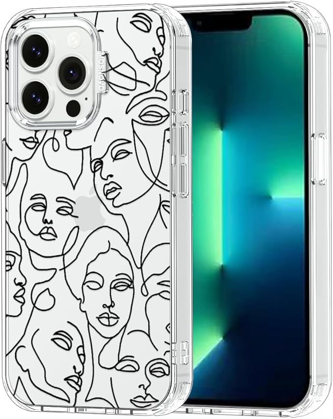 MOSNOVO Case for iPhone 13 Pro, [Buffertech 6.6ft Military-Grade Drop Protection] [Anti Peel Off Tech] Clear TPU Bumper Phone Case Cover Design - Abstract Face Line Art