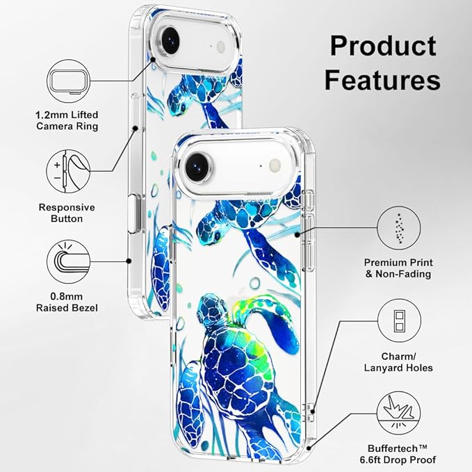 MOSNOVO for iPhone Air Case | Military Grade 6.6ft Drop Tested | Camera Control | Clear with Sea Turtles Design
