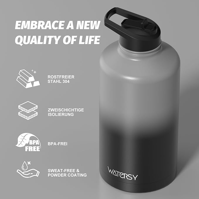 87oz Insulated Water Bottle (Cold for 48 Hrs),BPA Free&Leak Proof,1.5 Gallon Stainless Steel Water Flask,Water Jug with Straw Spout Lids for Gym,Hiking,Camping,Grey Black
