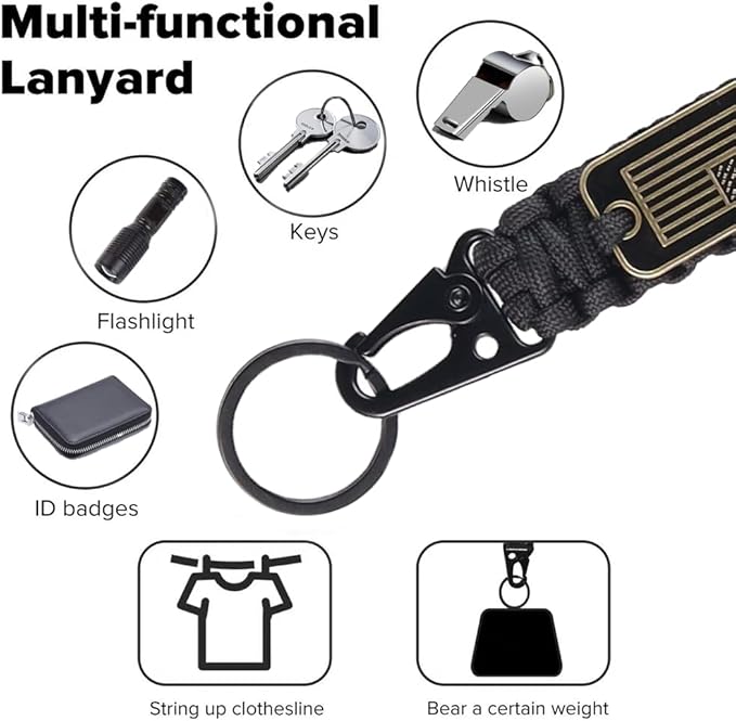 2pcs Heavy Duty Braided Paracord Lanyard Keychains with USA Flag, Parachute Rope Necklace for Outdoor Activities