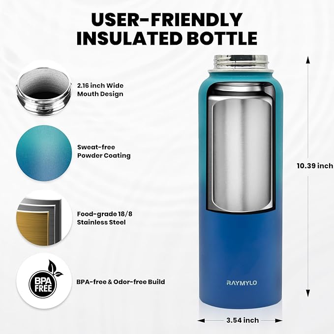 RAYMYLO Insulated Water Bottle 40 oz, Triple Wall Vacuum Stainless Steel (Cold for 36Hrs, Hot for 18Hrs), Leak Proof & Non-BPA, Modern Water Flask Jug with Paracord Handle & Straw Spout Lids