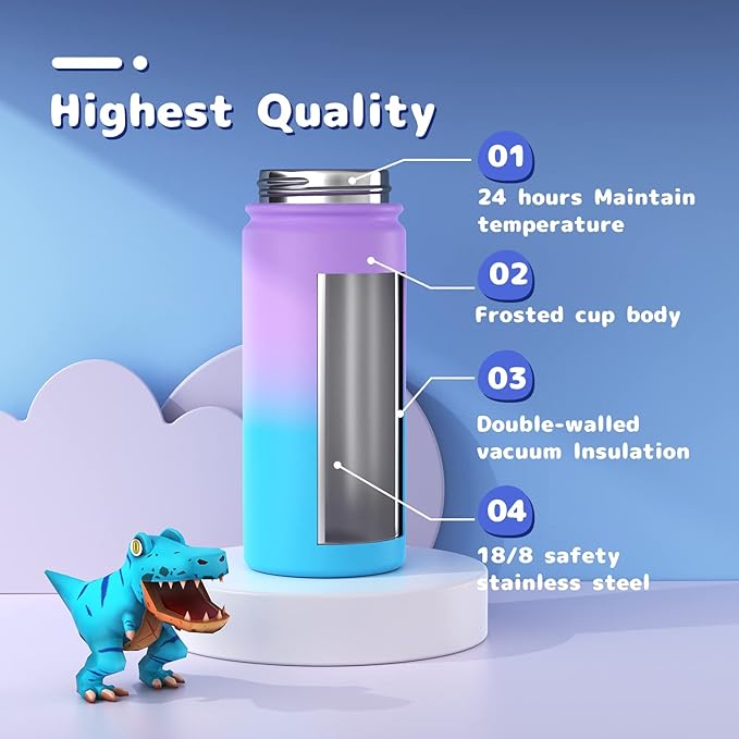 Kids Water Bottle, 2-Pack 16oz Water Bottles with Stickers and Straw, Stainless Steel Vacuum Insulated cup, Kids Water Bottle for School, Gifts for Boys and Girls(Purple/Green)