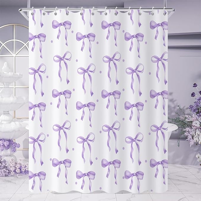 Purple Bow Shower Curtain, Lavender Modern Aesthetic Bowknot with Polka Dot Cute Girly Bathroom Curtain Waterproof Fabric Machine Washable with Hooks, 72" Wx84 L