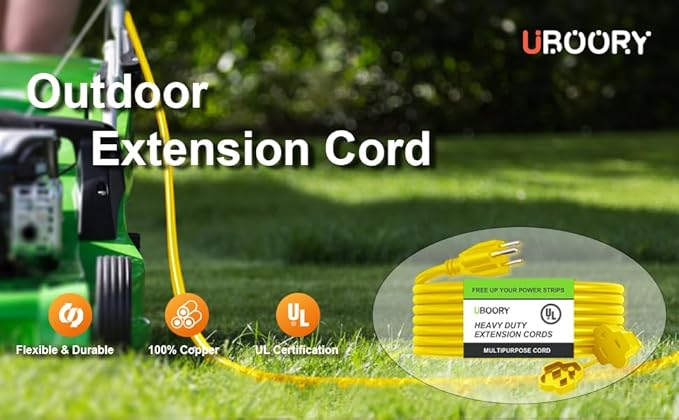 Outdoor Extension Cord Waterproof 50 FT, Yellow 12/3 SJTW Heavy Duty, Flexible 100% Copper 3 Prong Extension Cord for Lawn, Garage,UL Listed