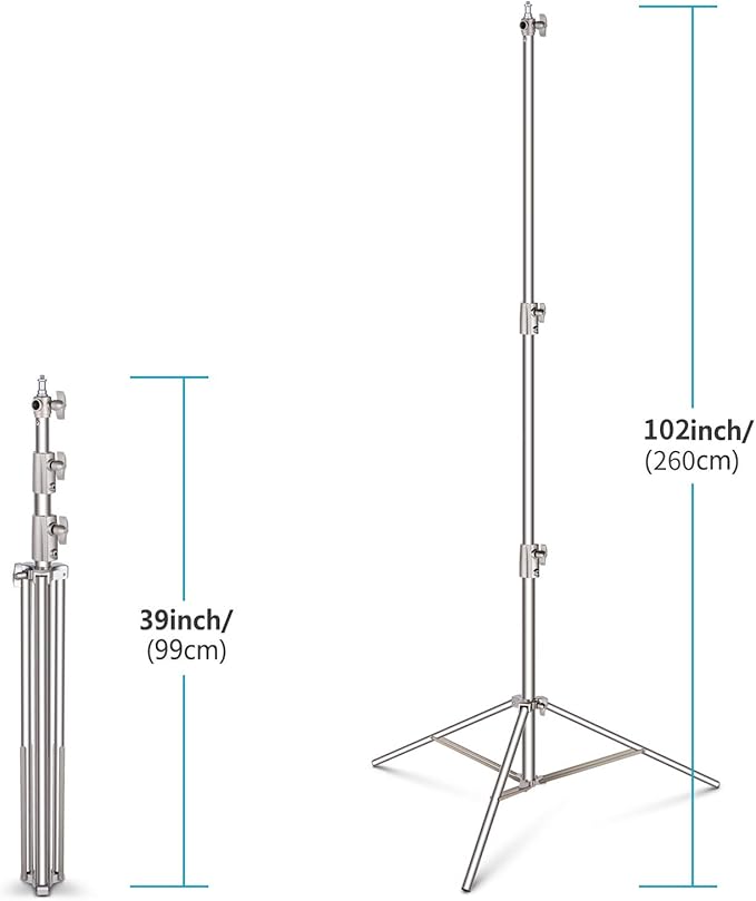NEEWER 102"/2.6m Stainless Steel Light Stand, Spring Cushioned Heavy Duty Photography Tripod Stand with 1/4” to 3/8” Universal Screw Adapter for Strobe, LED Video Light, Ring Light, Monolight, Softbox