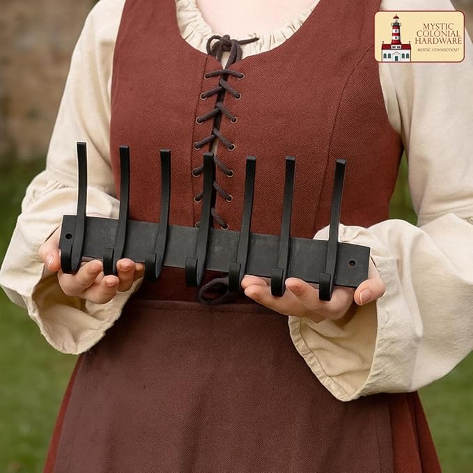 Mystic Colonial Rustic Cast Iron Wall Rack with 6 Blackened Hooks � Heavy Duty Vintage Utility Hanger for Coats, Towels, Hats & Bags � Size: 32.5?cm ? 14.4?cm, Mounting Hardware Included