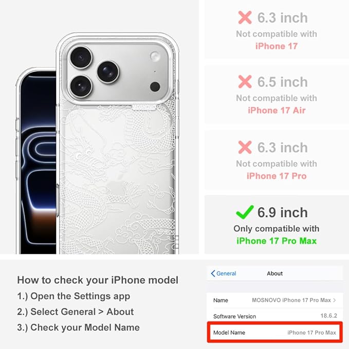 MOSNOVO for iPhone 17 Pro Max Case | Military Grade 6.6ft Drop Tested | Camera Control | Clear with White Dragon Design