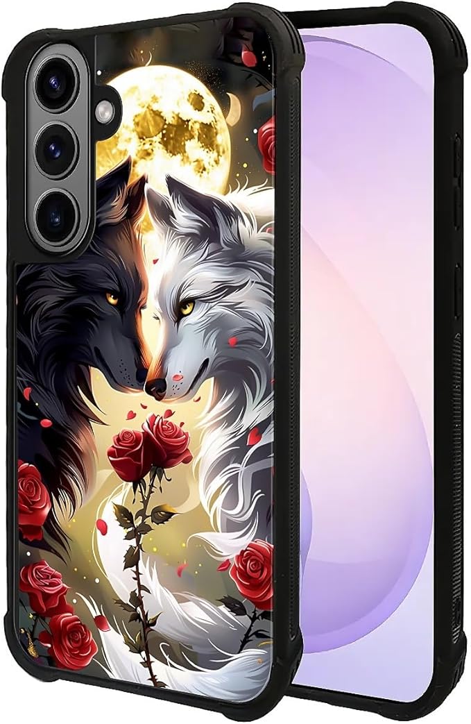 for Samsung Galaxy S26 Case,Graphic Design for Girl Boy Soft Silicone Hard Acrylic Shock Protection Designed for Samsung Galaxy S26 Black White Wolf Moon Flower Rose Pattern