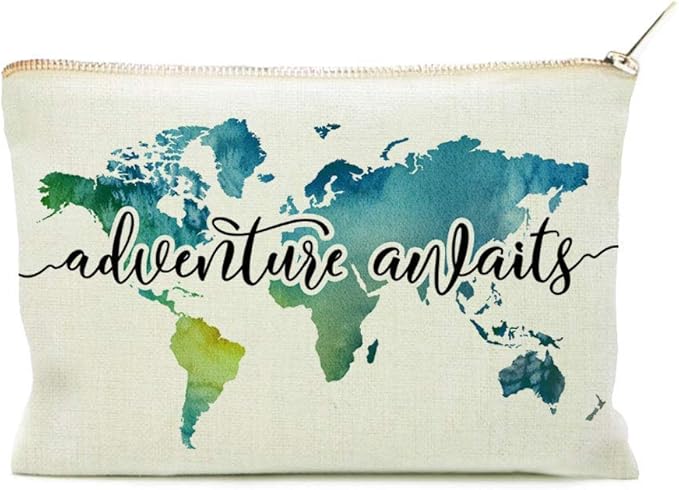 Travel Bag Adventure Awaits Makeup Case Cosmetic Bag Nature Linen World Map Makeup Bag Great Gift for Travel
