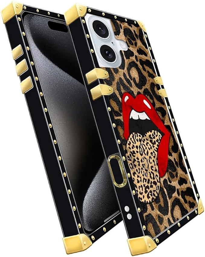Compatible with iPhone 16 Case, Brown Leopard Print Mouth Luxury Golden Decoration for Girl Women Soft TPU Shockproof Protective Hard PC Back for iPhone 16