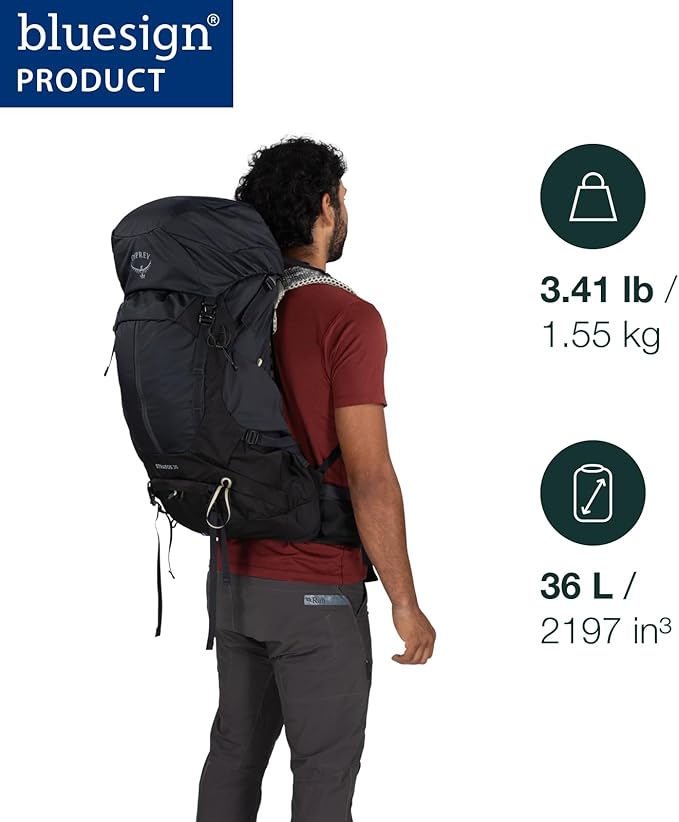 Osprey Stratos 36L Men's Hiking Backpack - Lightweight Backpacking Pack with Waterproof Raincover - Camping Bag, Pine Leaf