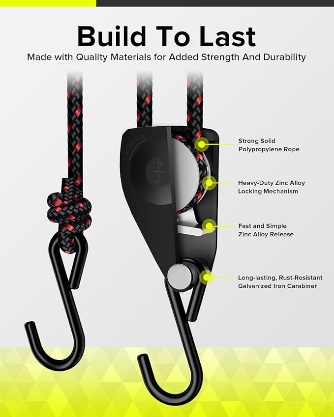 1/4" Ratchet Tie Down Straps, 2-Pack 12ft Adjustable Rope Hangers, Heavy Duty Kayak Pulley System with Hooks for Kayak Accessories, Hiking, Camping, Boating & Water Activities