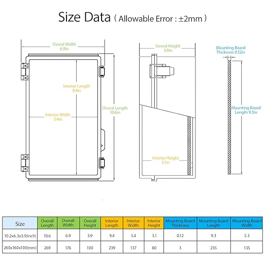 LeMotech Electrical Box, IP67 Waterproof Hinged Cover Stainless Steel Latch Junction Box, ABS Plastic Electrical Enclosure with Mounting Plate,Wall Brackets, Cable Glands, 10.2"x6.3"x3.9", Grey