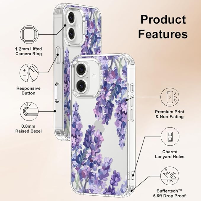 MOSNOVO Case for iPhone 16 Plus, [Buffertech 6.6ft Military-Grade Drop Protection] [Anti Peel Off Tech] Clear TPU Bumper Phone Case Cover Design - Lavender