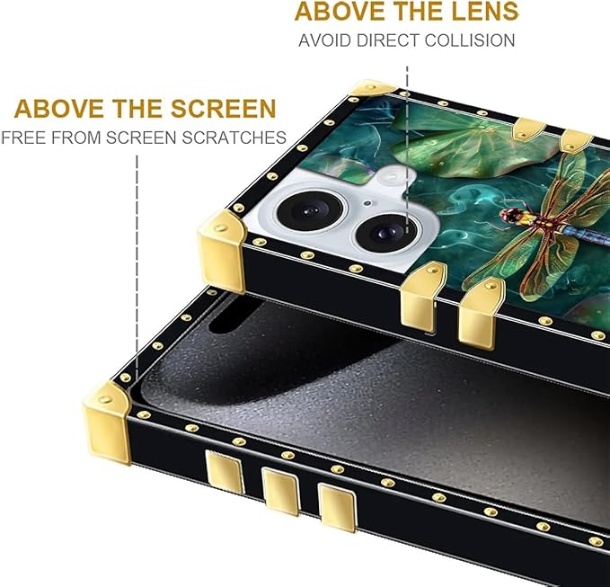 Compatible with iPhone 16 Case, Colourful Dragonfly Pink Lily Pads Luxury Golden Decoration for Girl Women Soft TPU Shockproof Protective Hard PC Back