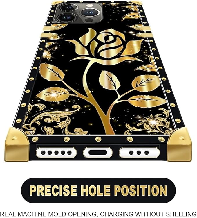 Compatible with iPhone 15 Pro Case, Shine Gold Rose Luxury Golden Decoration for Girl Women Soft TPU Shockproof Protective Hard PC Back for iPhone 15 Pro