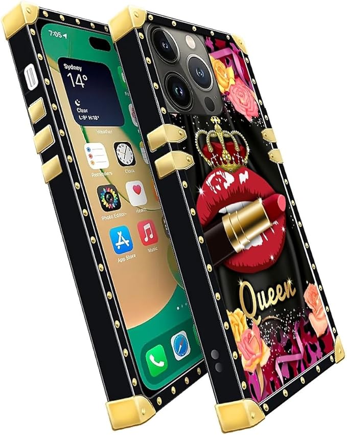 Compatible with iPhone 14 Pro Max Case, Queen Lip Crown Leopard Print Luxury Golden Decoration for Girl Women Soft TPU Shockproof Protective Hard PC Back for iPhone 14 Pro Max